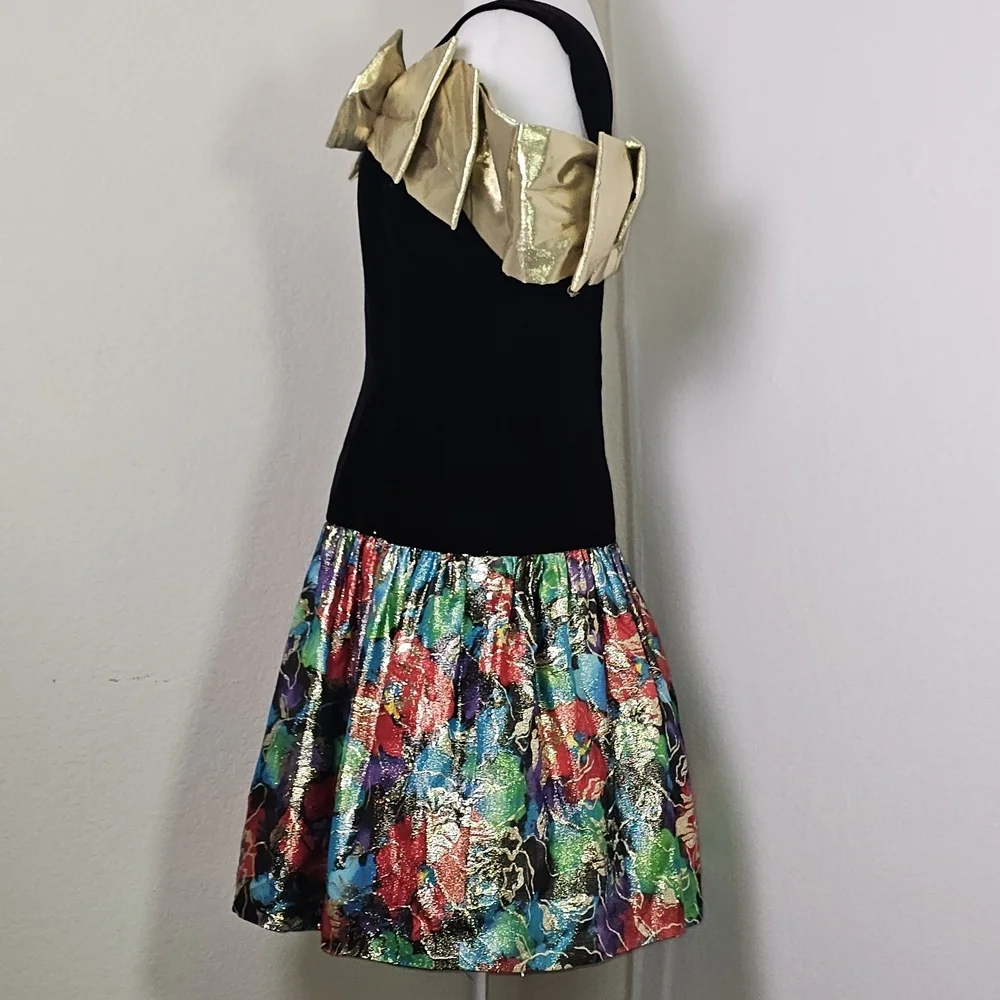 Vintage Morton Myles Saks Velvet Gold Bow Metallic Floral Cocktail Dress Sz S - Picture 4 of 15